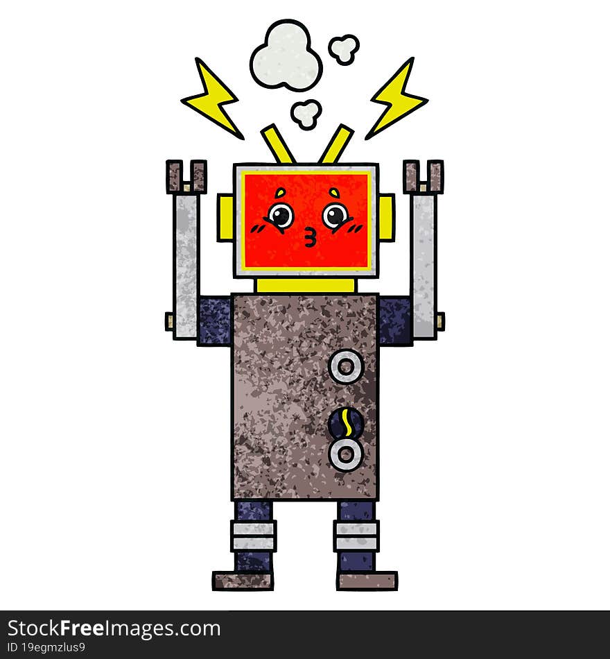 retro grunge texture cartoon of a robot malfunction