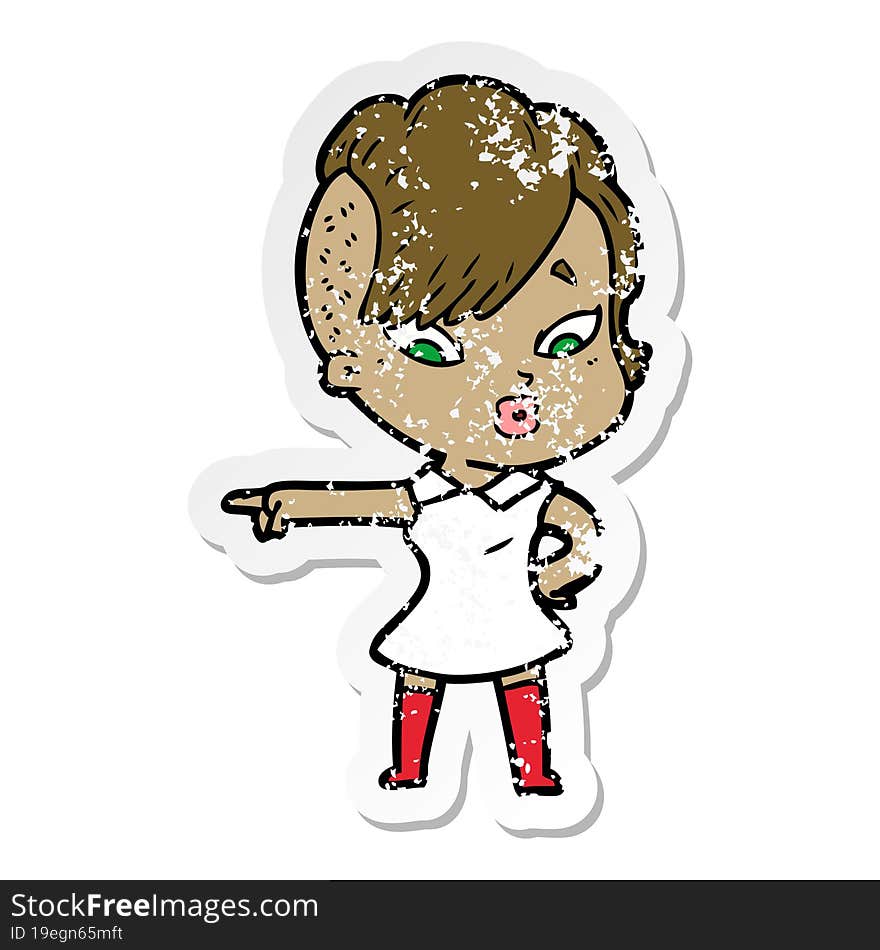 distressed sticker of a cartoon surprised girl pointing