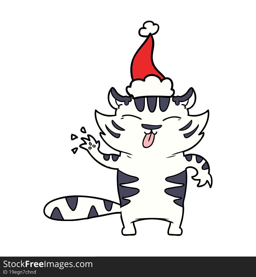 Line Drawing Of A White Tiger Wearing Santa Hat