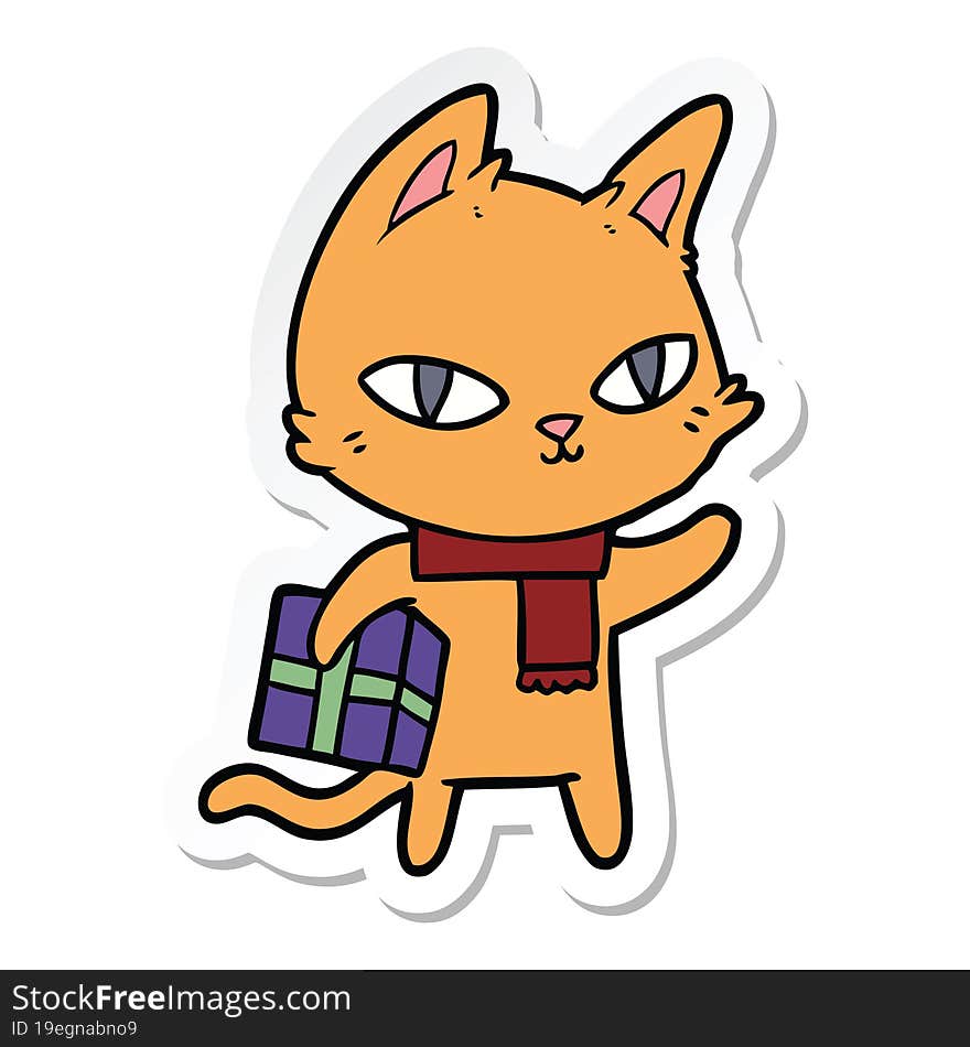 sticker of a cartoon cat with gift