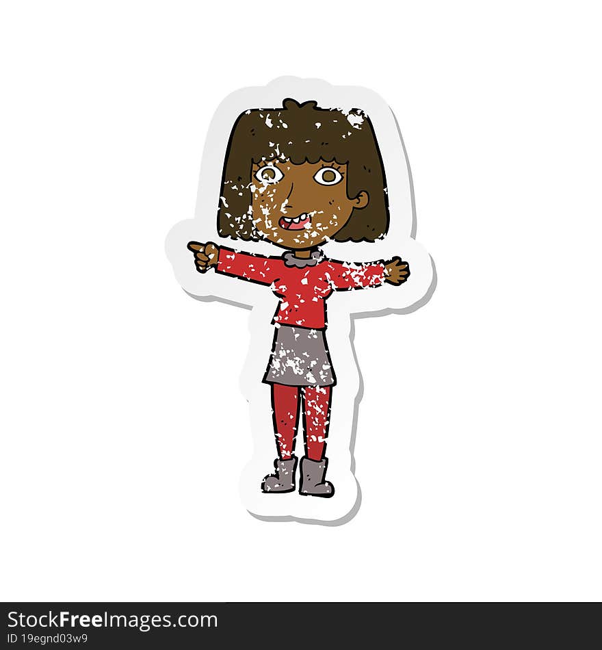 retro distressed sticker of a cartoon happy woman pointing