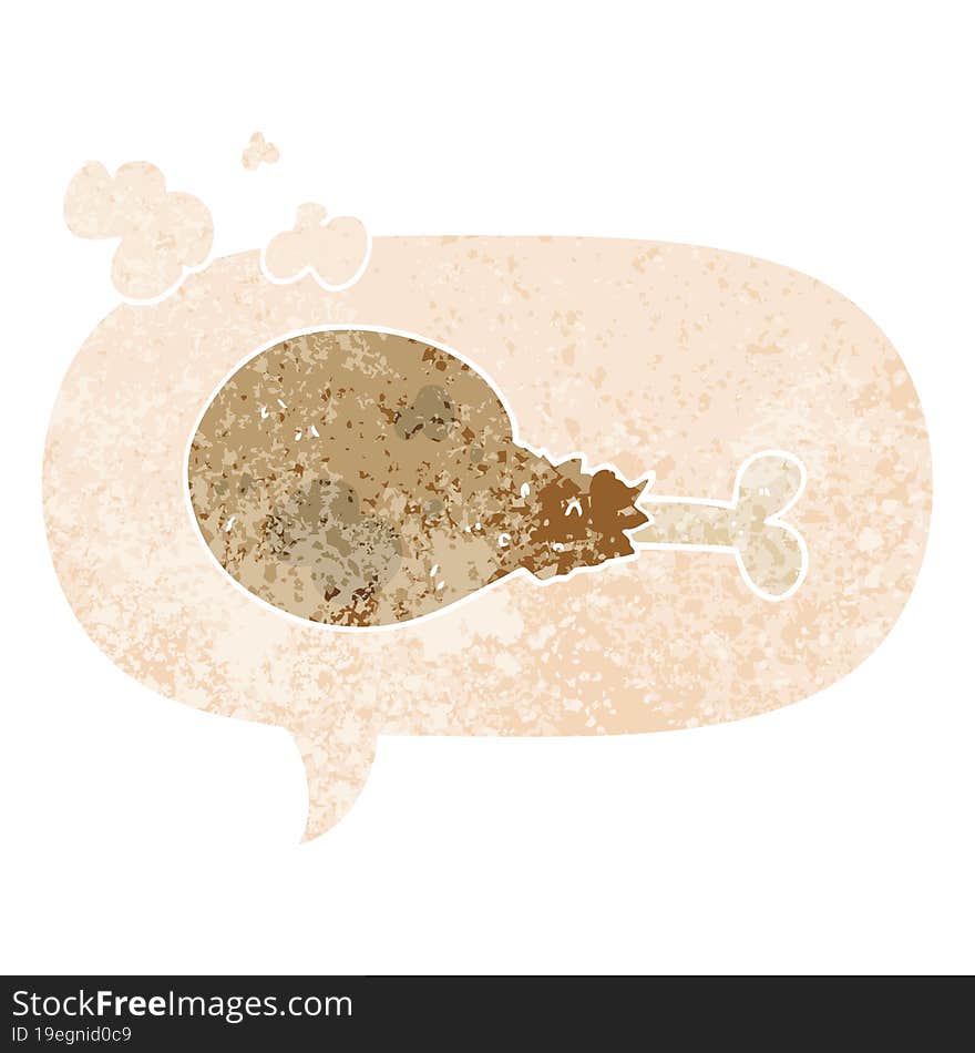 cartoon cooked chicken leg and speech bubble in retro textured style