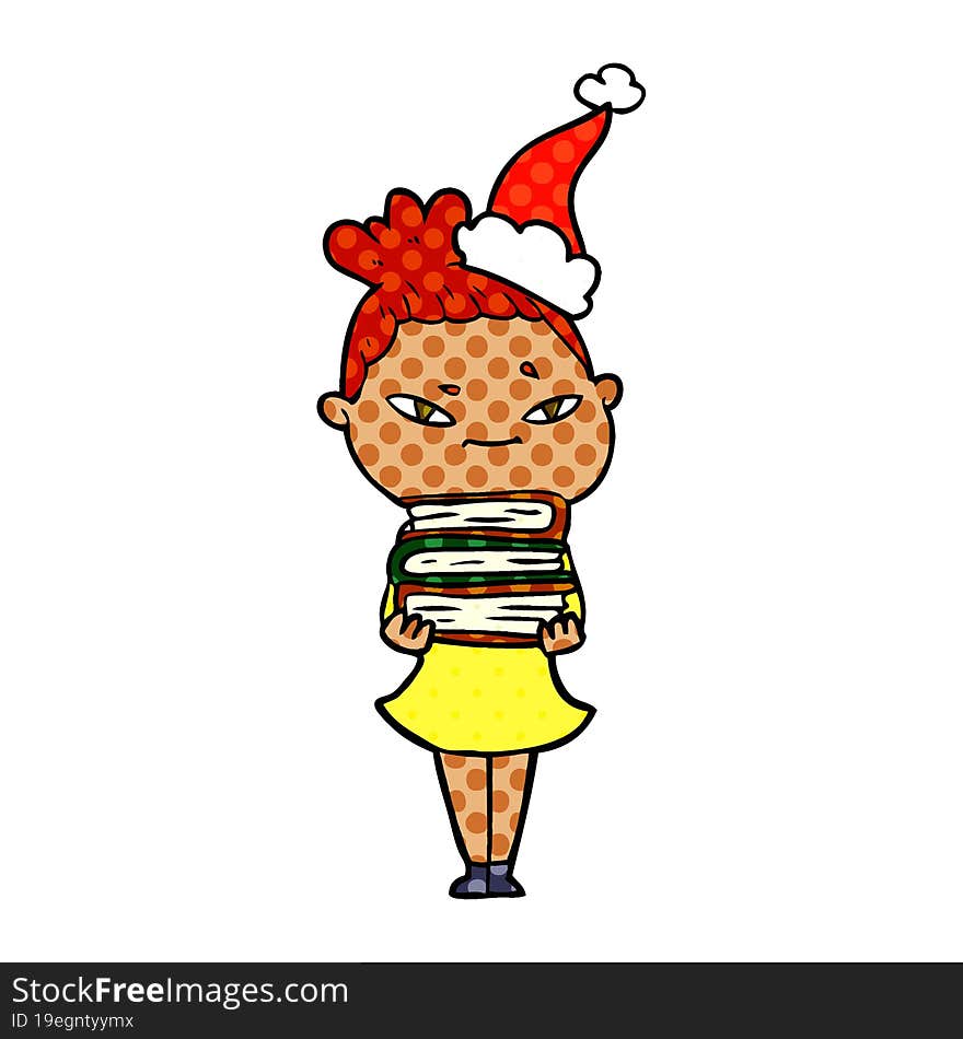 hand drawn comic book style illustration of a woman wearing santa hat