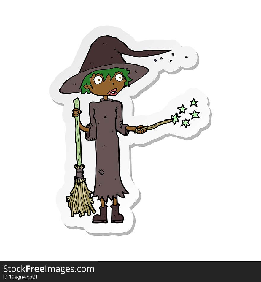 sticker of a cartoon witch casting spell