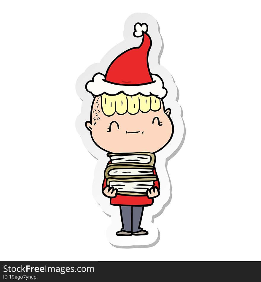 sticker cartoon of a friendly boy with books wearing santa hat