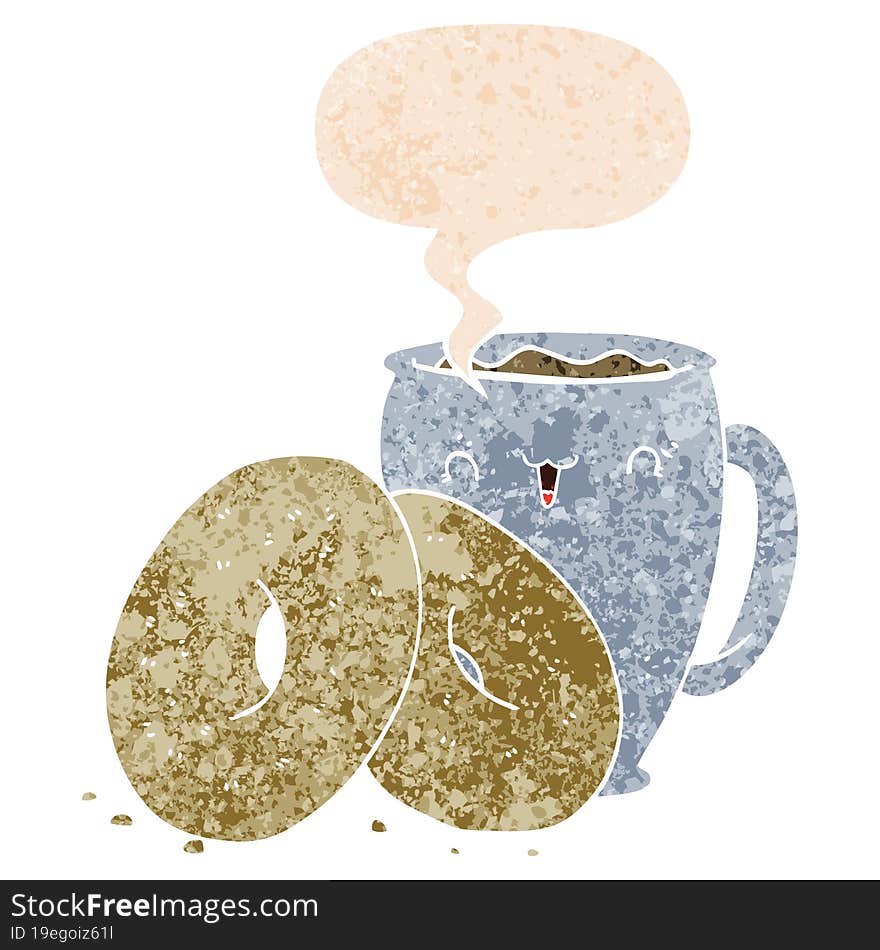 Cartoon Coffee And Donuts And Speech Bubble In Retro Textured Style