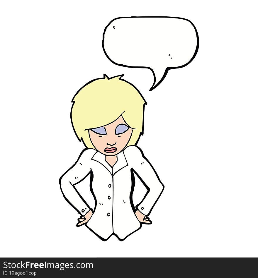 cartoon woman with hands on hips with speech bubble