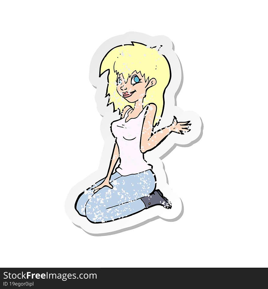 retro distressed sticker of a cartoon pretty girl waving