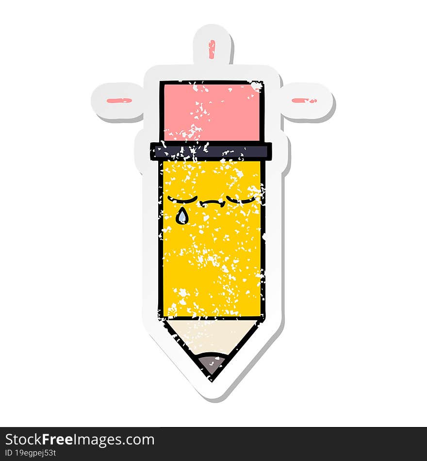 distressed sticker of a cute cartoon pencil