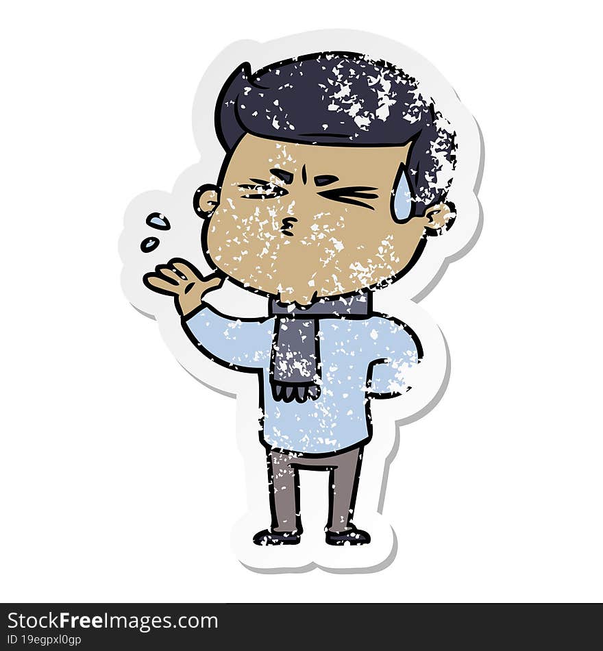 distressed sticker of a cartoon man sweating