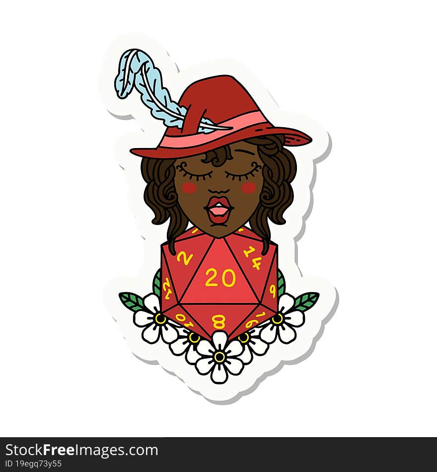 Human Bard With Natural 20 Dice Roll Sticker