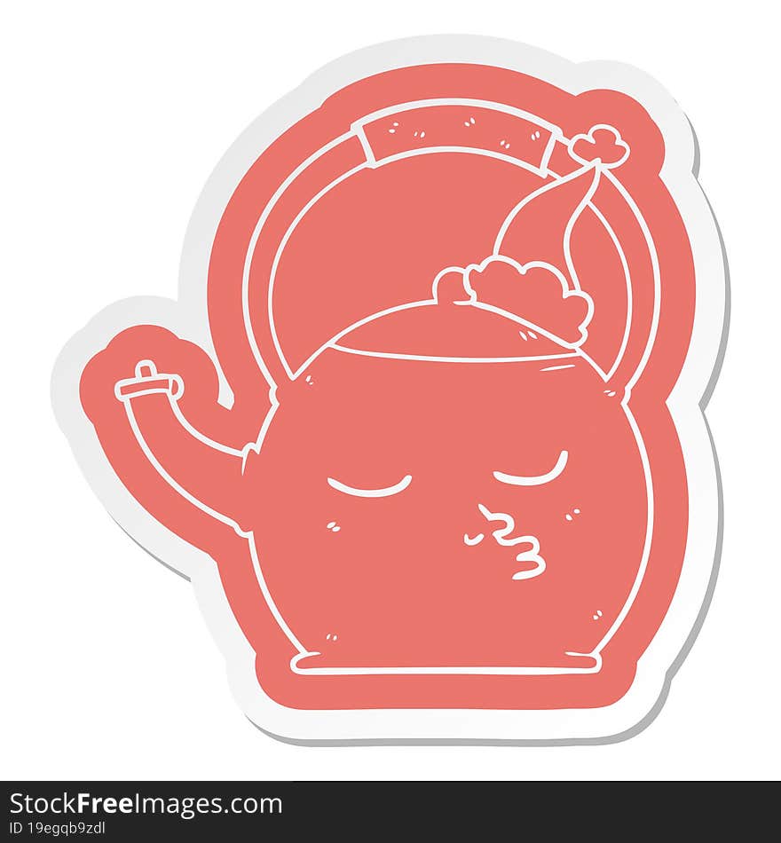 cartoon  sticker of a kettle wearing santa hat