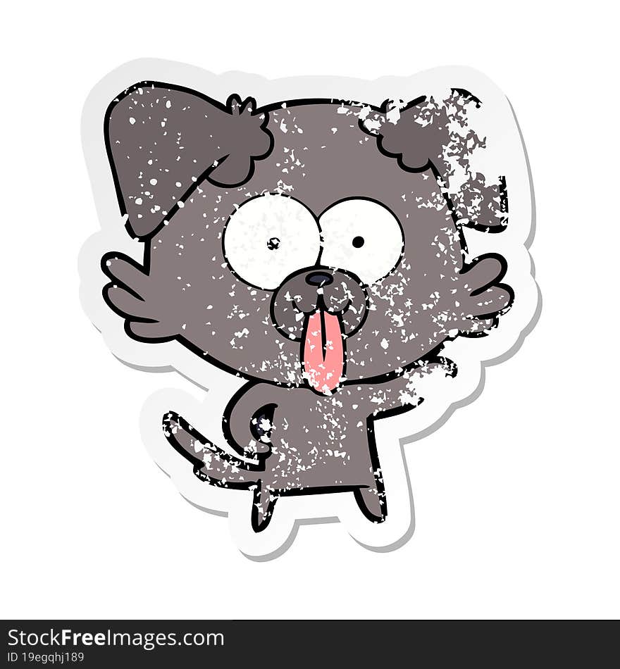 distressed sticker of a cartoon dog with tongue sticking out