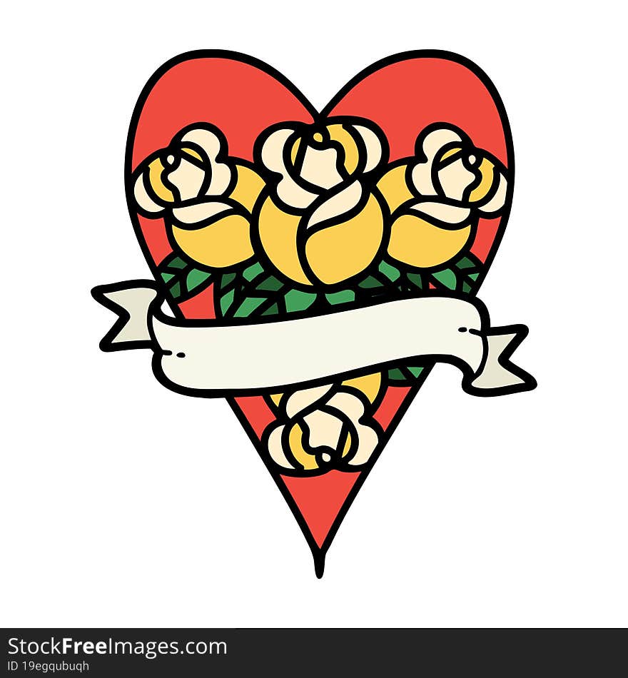 traditional tattoo of a heart and banner with flowers