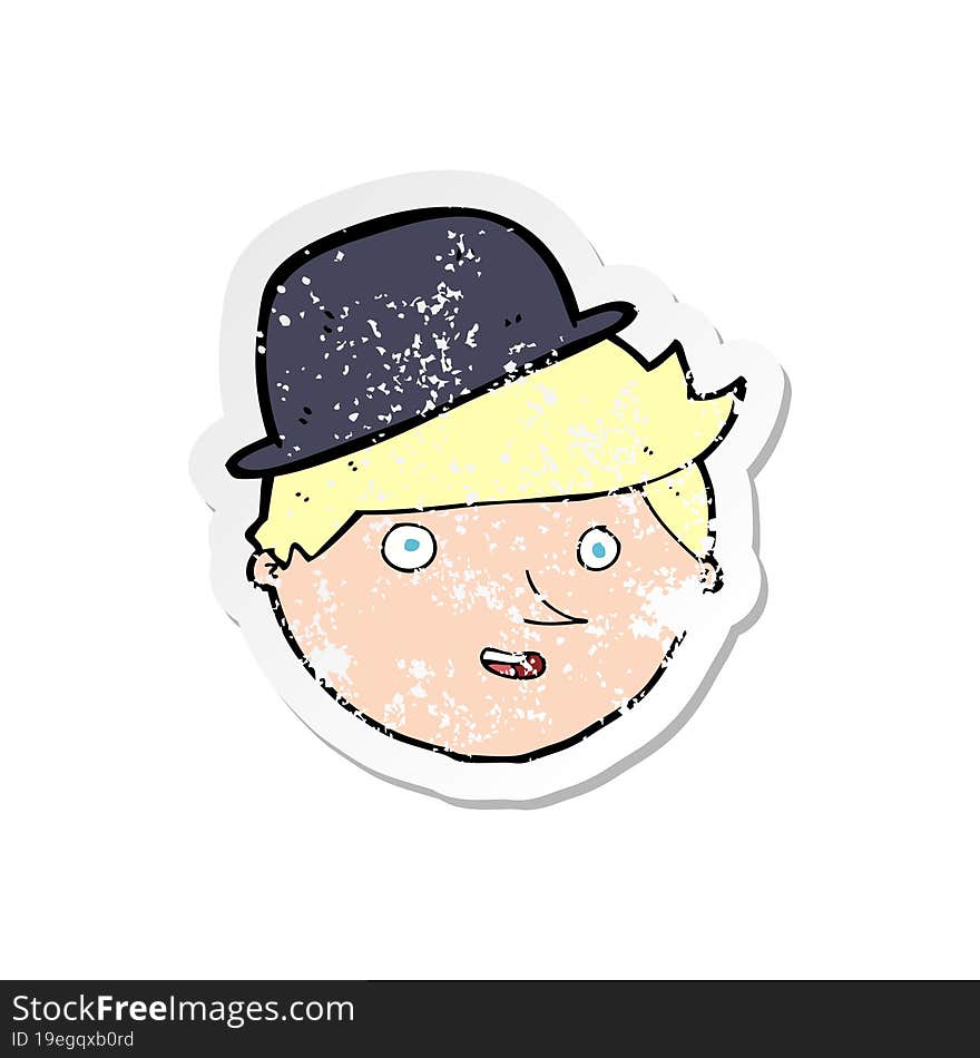 retro distressed sticker of a cartoon man wearing bowler hat