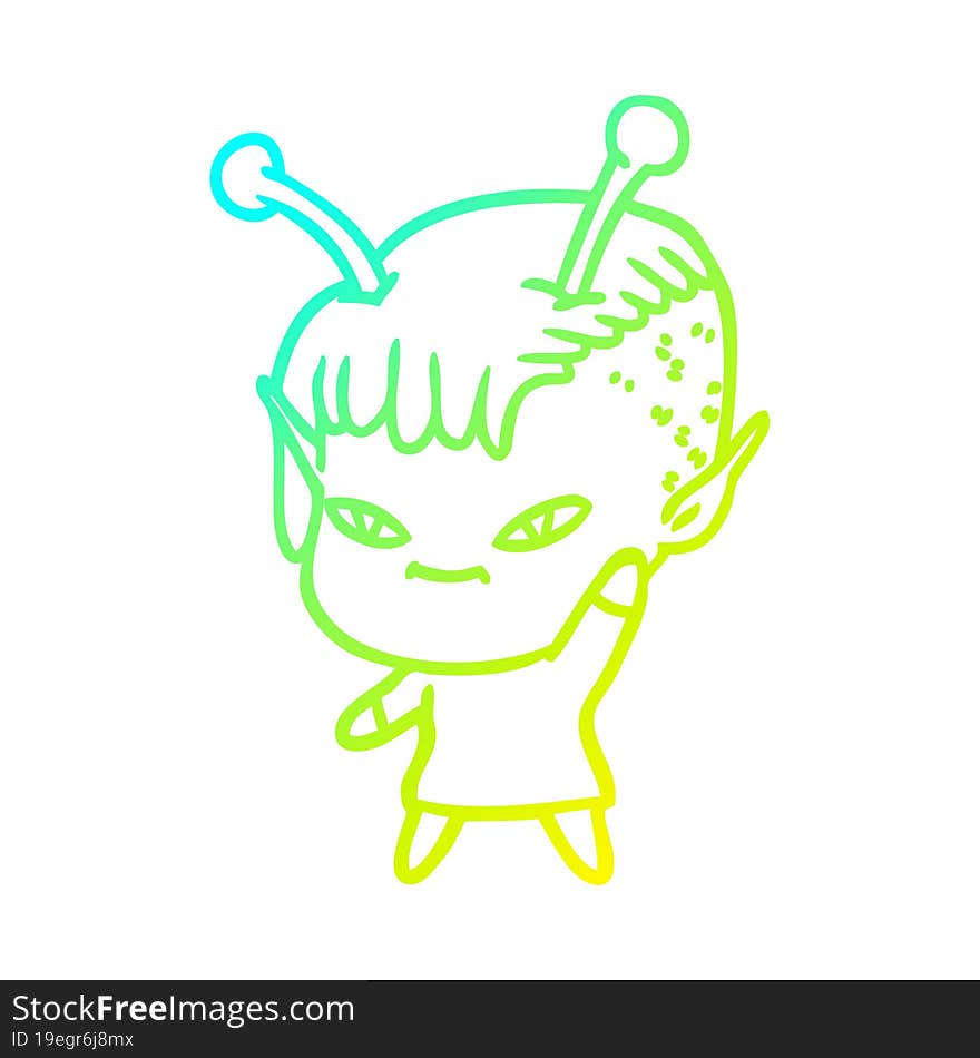 cold gradient line drawing of a cute cartoon alien girl