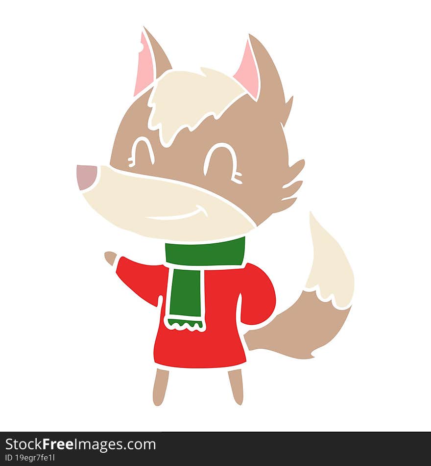 friendly flat color style cartoon wolf in winter clothes