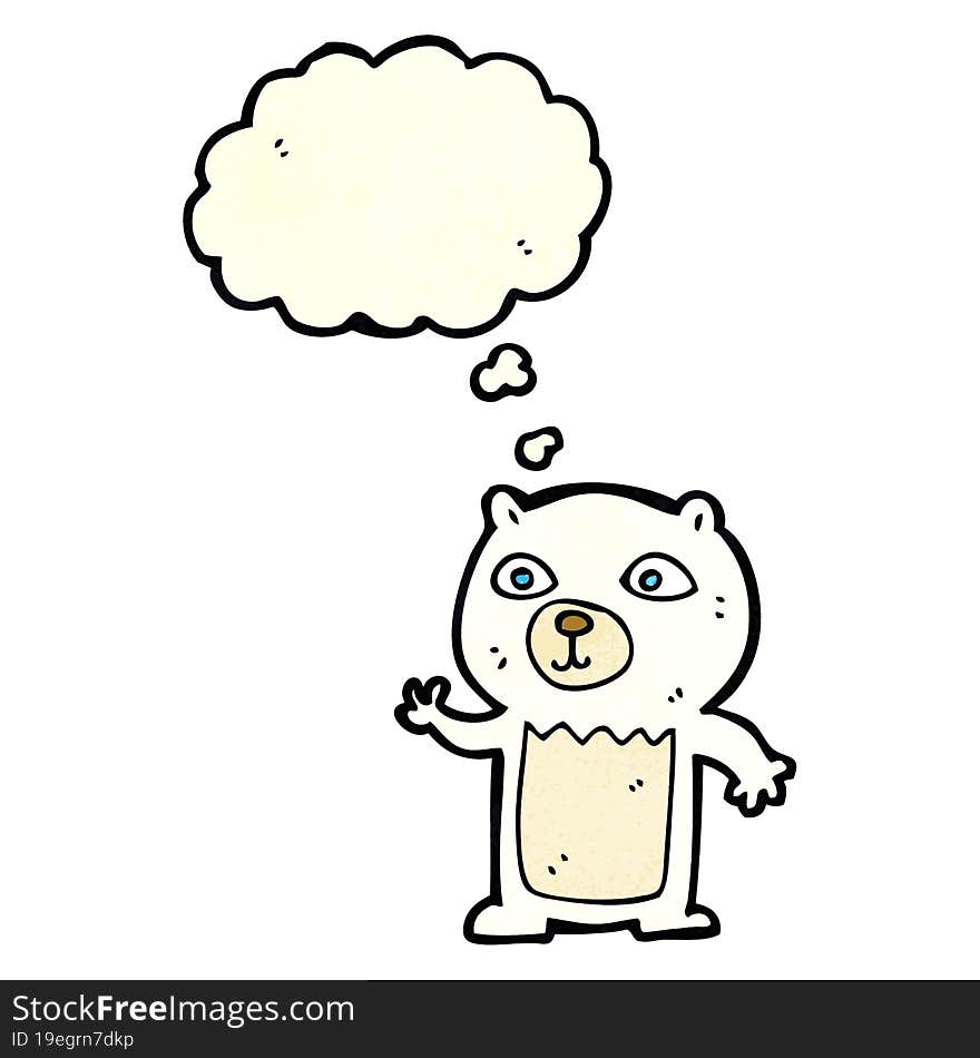 cartoon waving polar bear cub with thought bubble