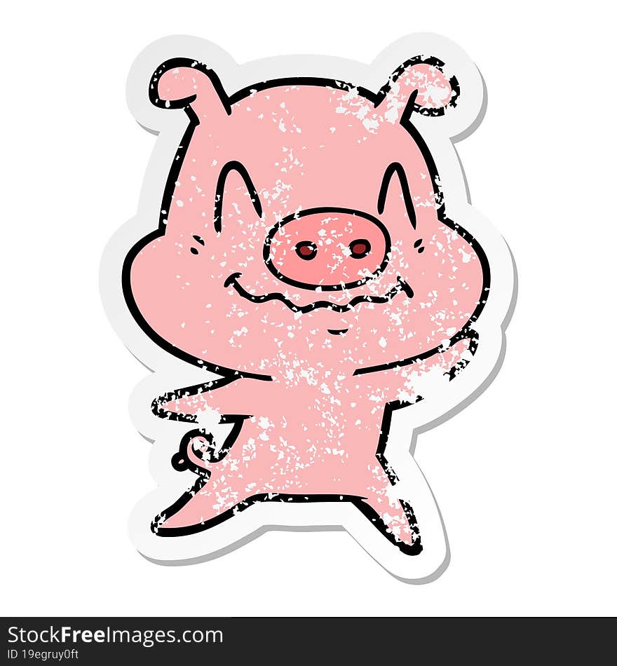 distressed sticker of a nervous cartoon pig