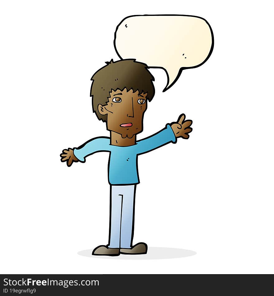 cartoon worried man reaching out with speech bubble