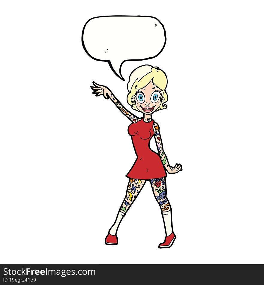 cartoon woman with tattoos with speech bubble