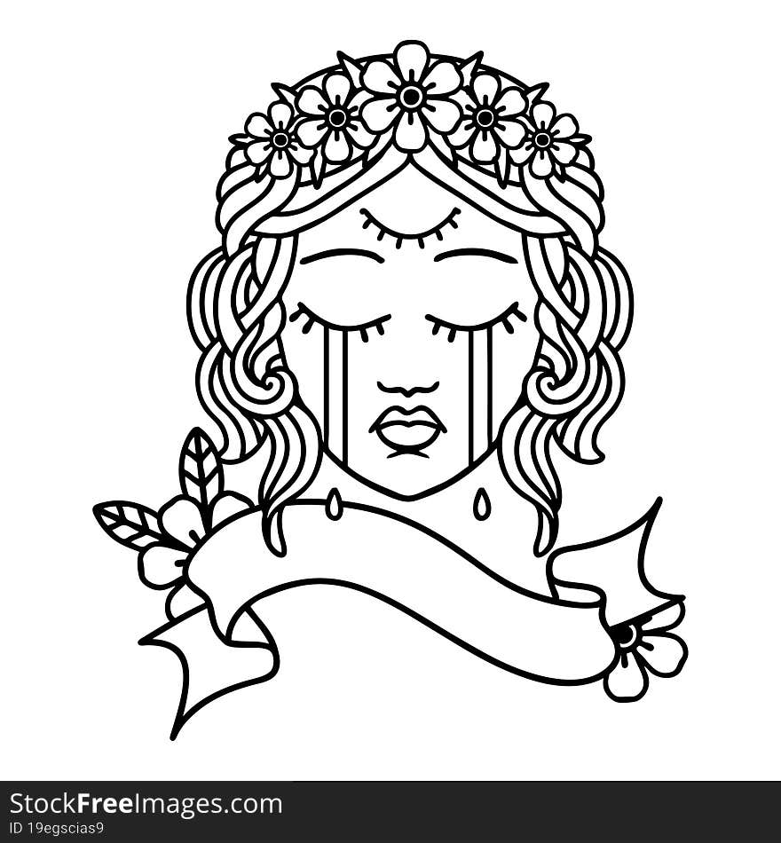 Black Linework Tattoo With Banner Of Female Face Crying With Third Eye