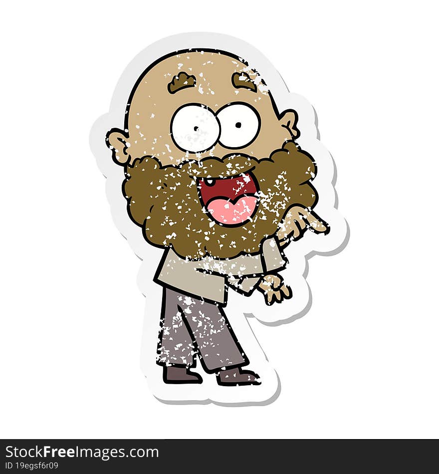 distressed sticker of a cartoon crazy happy man with beard