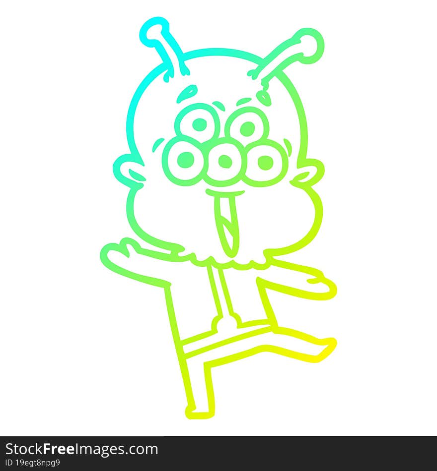 cold gradient line drawing of a happy cartoon alien dancing