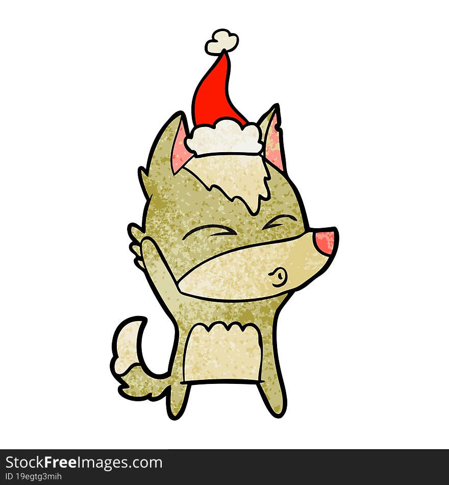 Textured Cartoon Of A Wolf Whistling Wearing Santa Hat