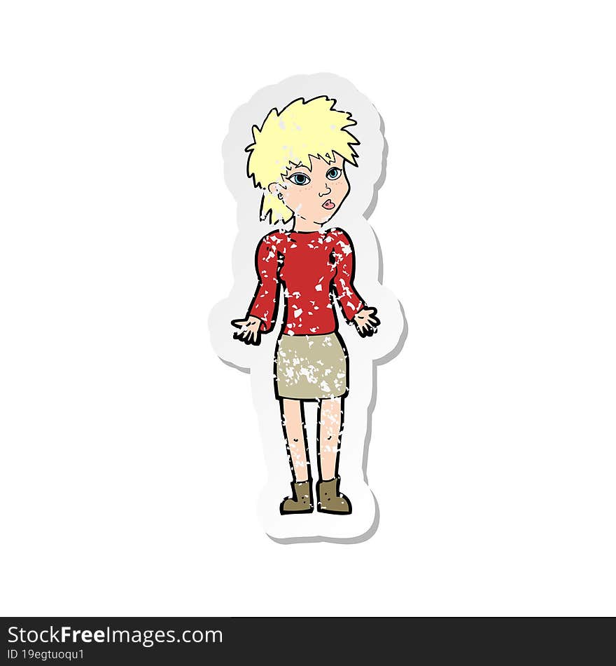 retro distressed sticker of a cartoon woman shrugging shoulders