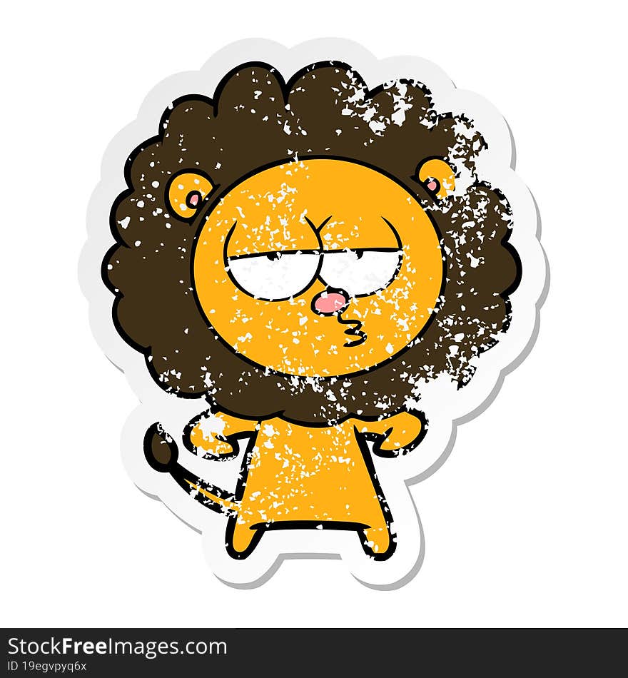 distressed sticker of a cartoon bored lion