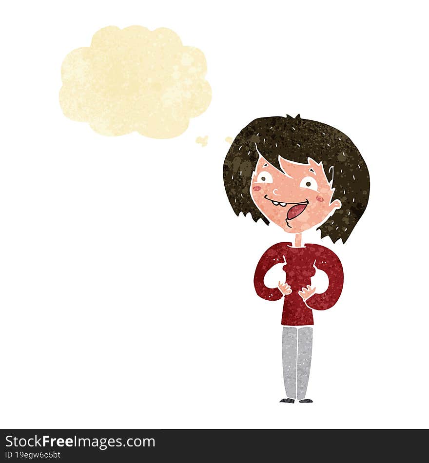 cartoon excited woman with thought bubble