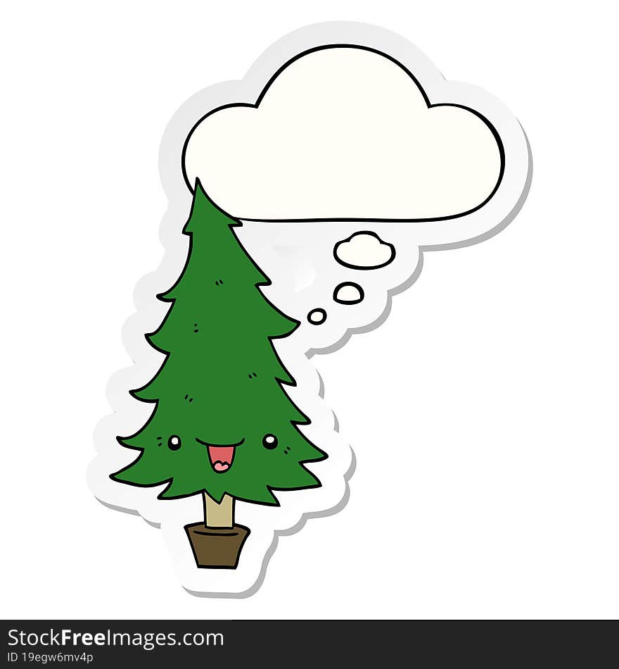 cute cartoon christmas tree and thought bubble as a printed sticker