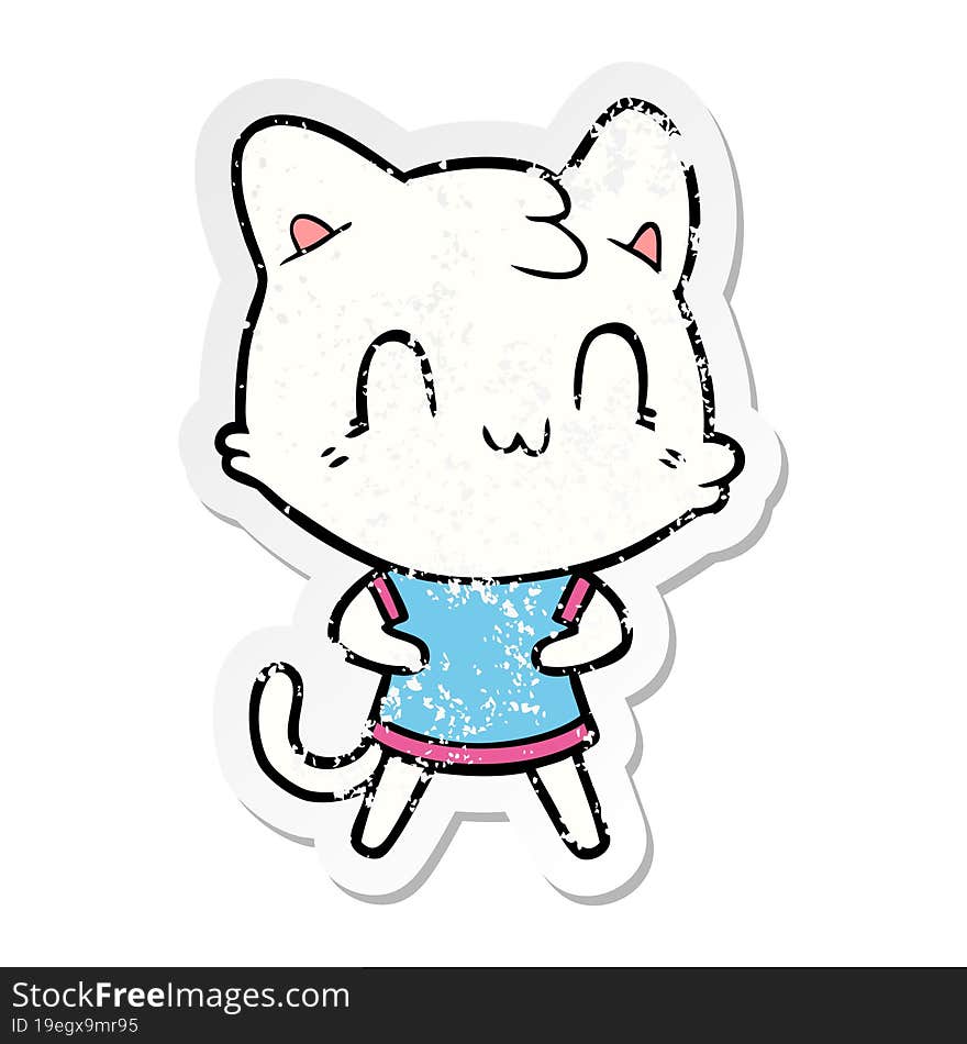 distressed sticker of a cartoon happy cat