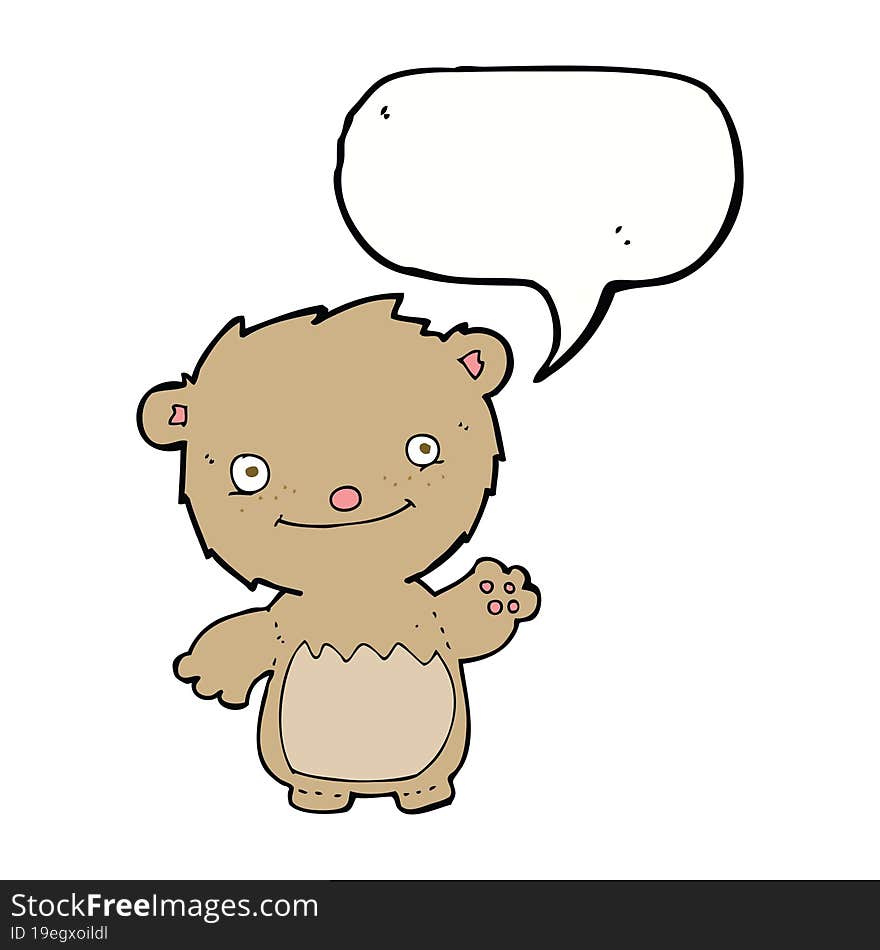 cartoon waving teddy bear with speech bubble