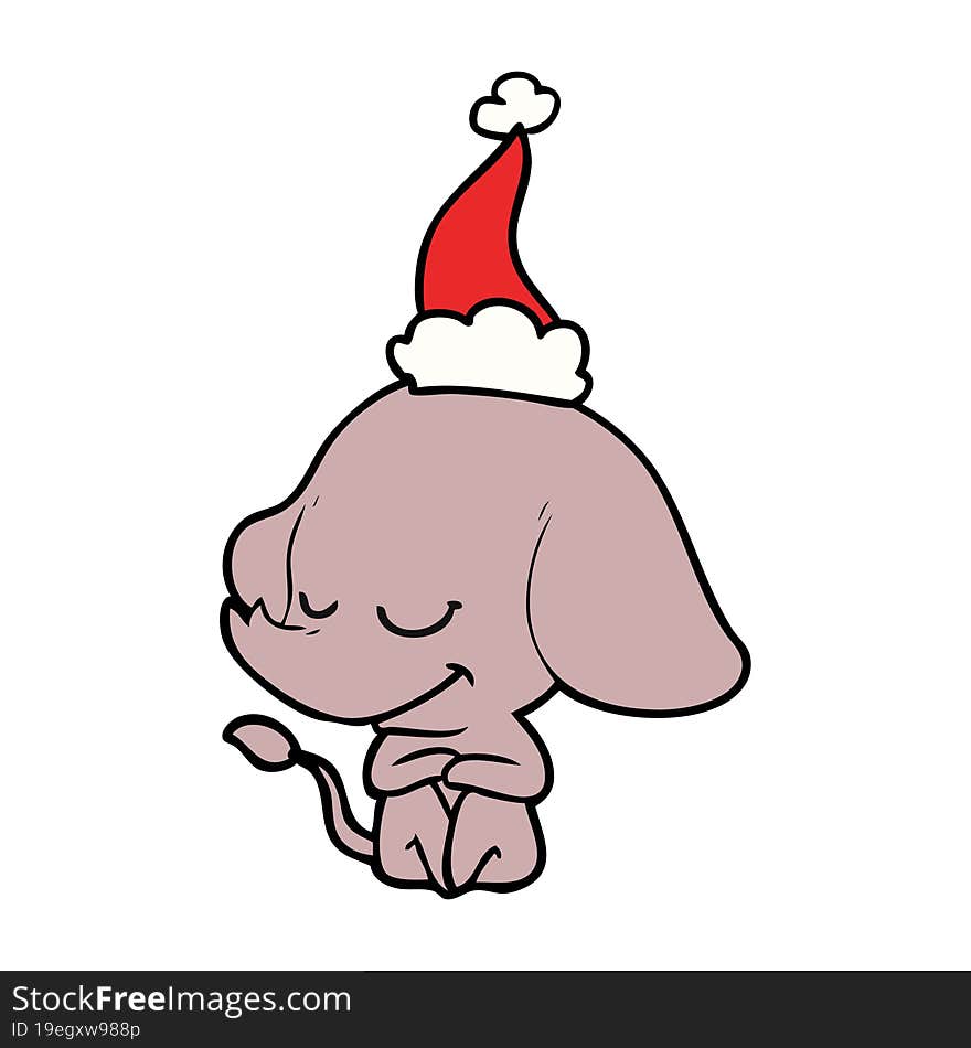 Line Drawing Of A Smiling Elephant Wearing Santa Hat