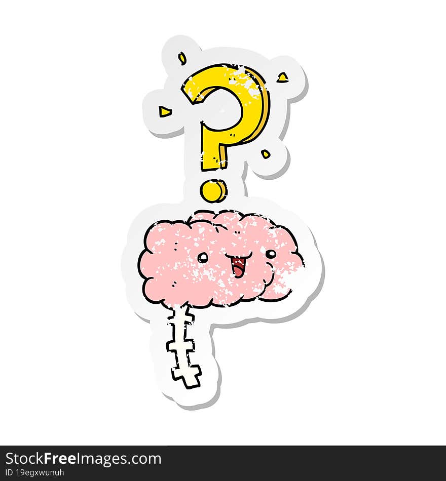 distressed sticker of a cartoon curious brain