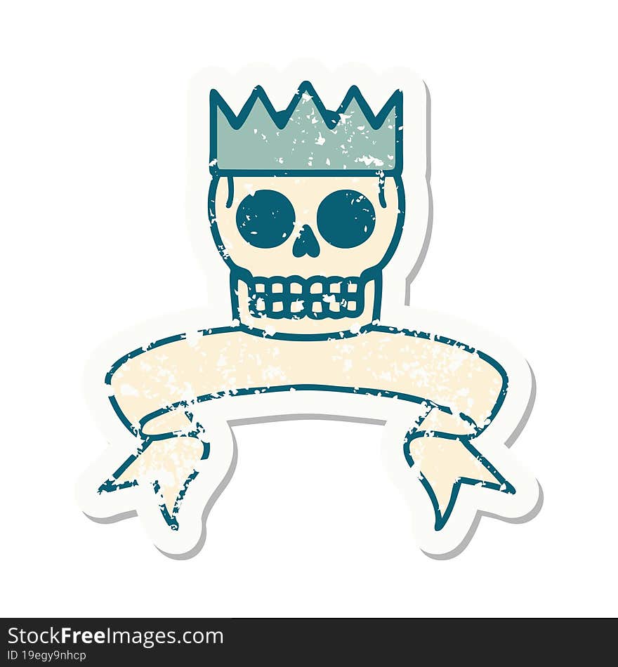 grunge sticker with banner of a skull and crown