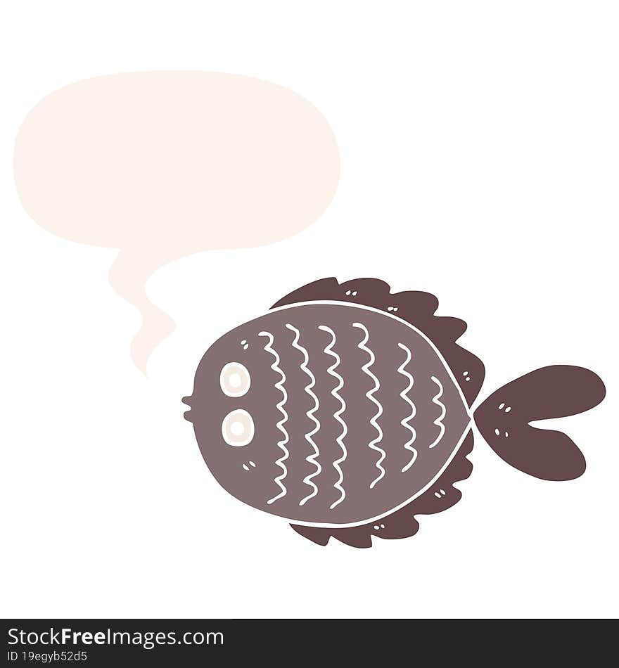 cartoon flat fish and speech bubble in retro style