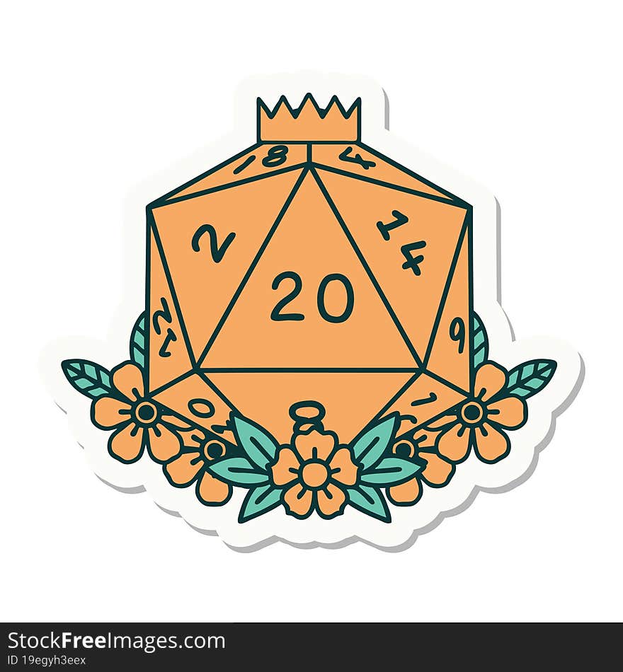 Natural 20 D20 Dice Roll With Floral Elements Sticker