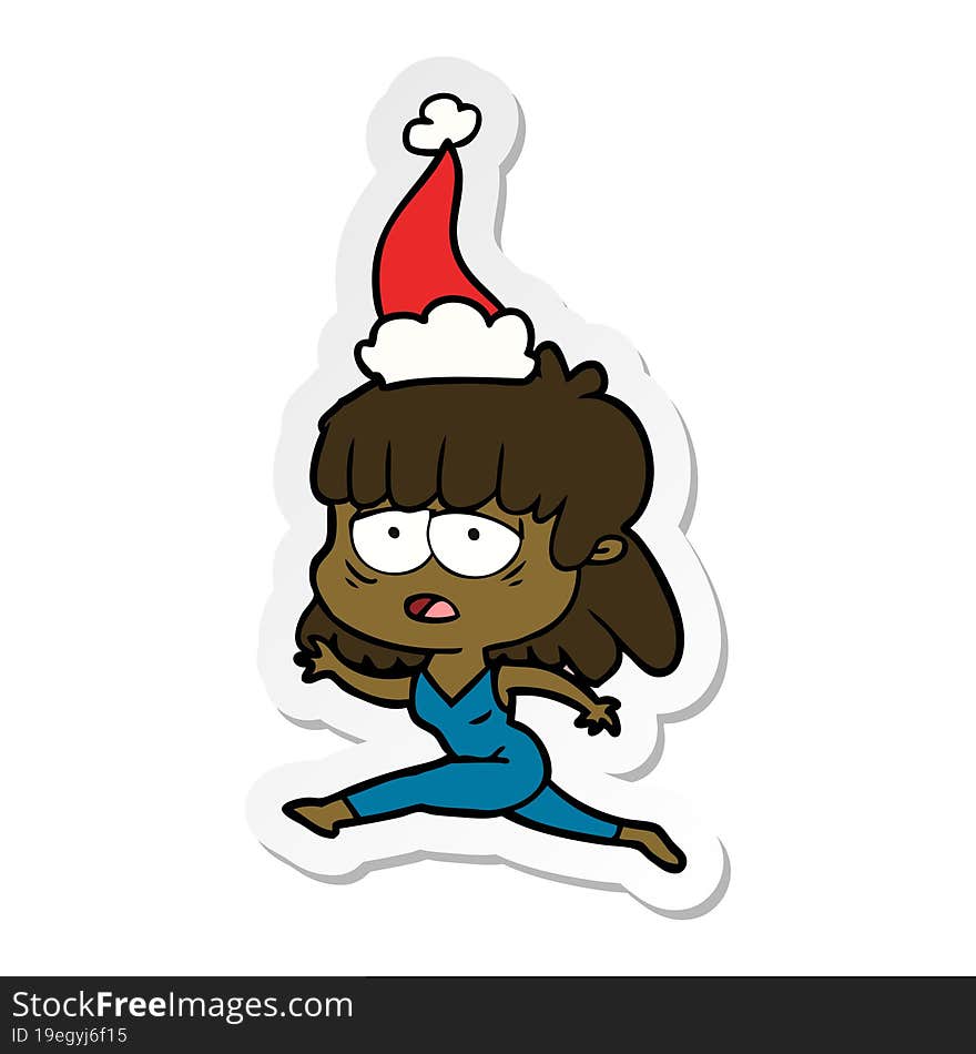 sticker cartoon of a tired woman wearing santa hat