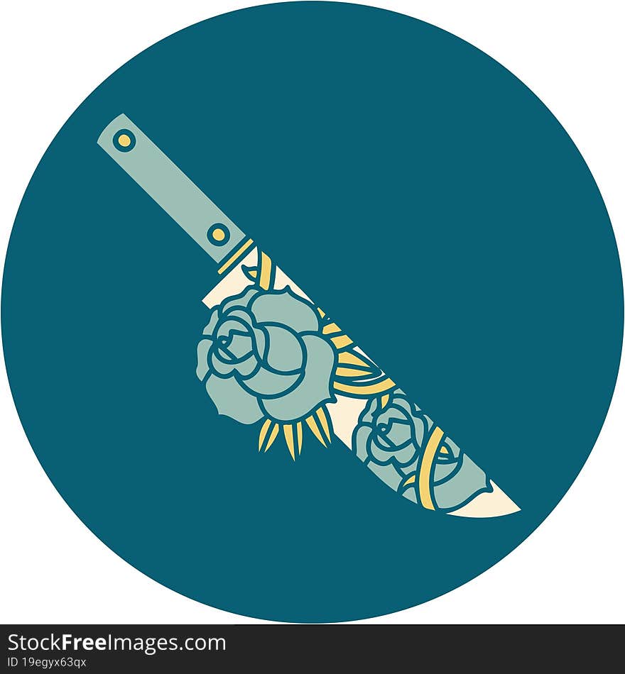 iconic tattoo style image of a dagger and flowers. iconic tattoo style image of a dagger and flowers