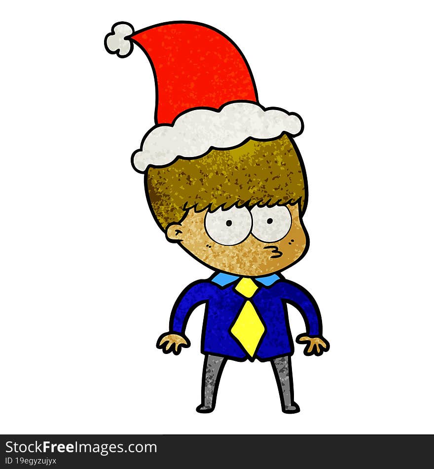 nervous hand drawn textured cartoon of a boy wearing shirt and tie wearing santa hat