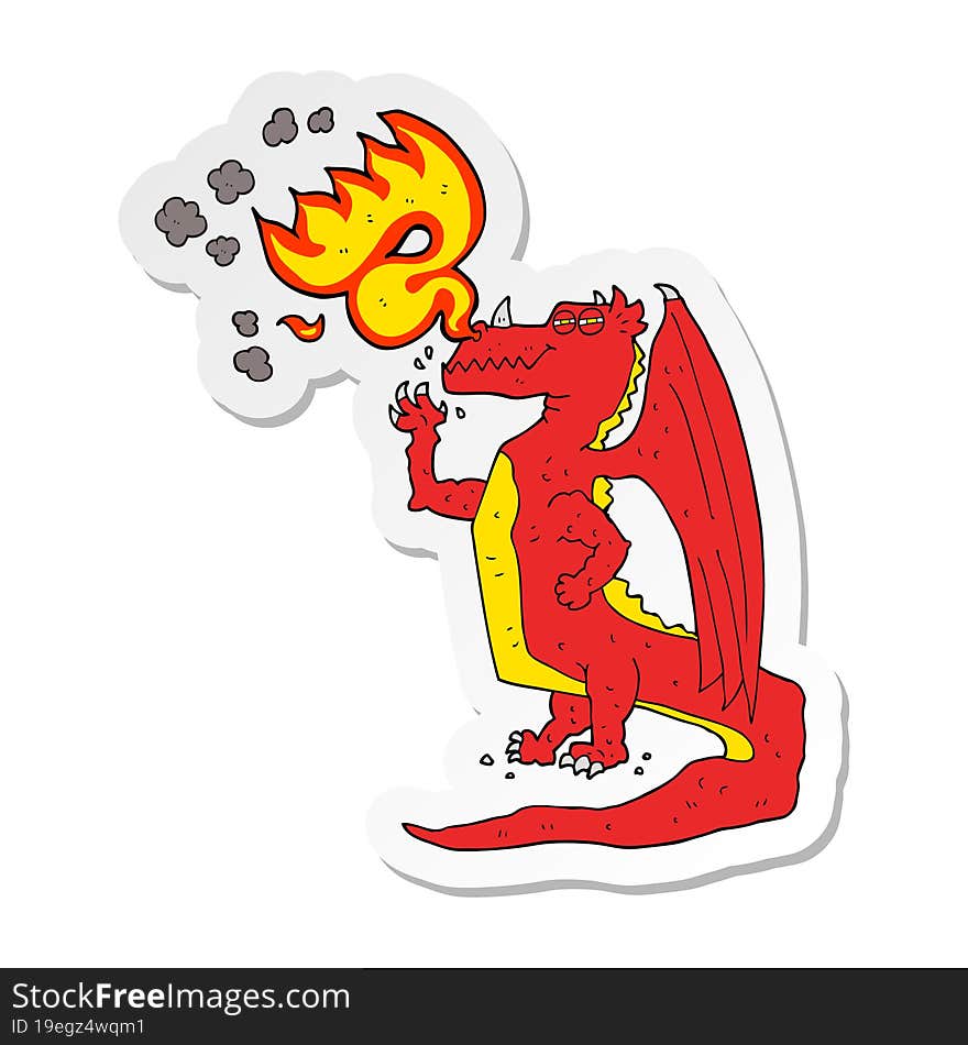 sticker of a cartoon happy dragon breathing fire