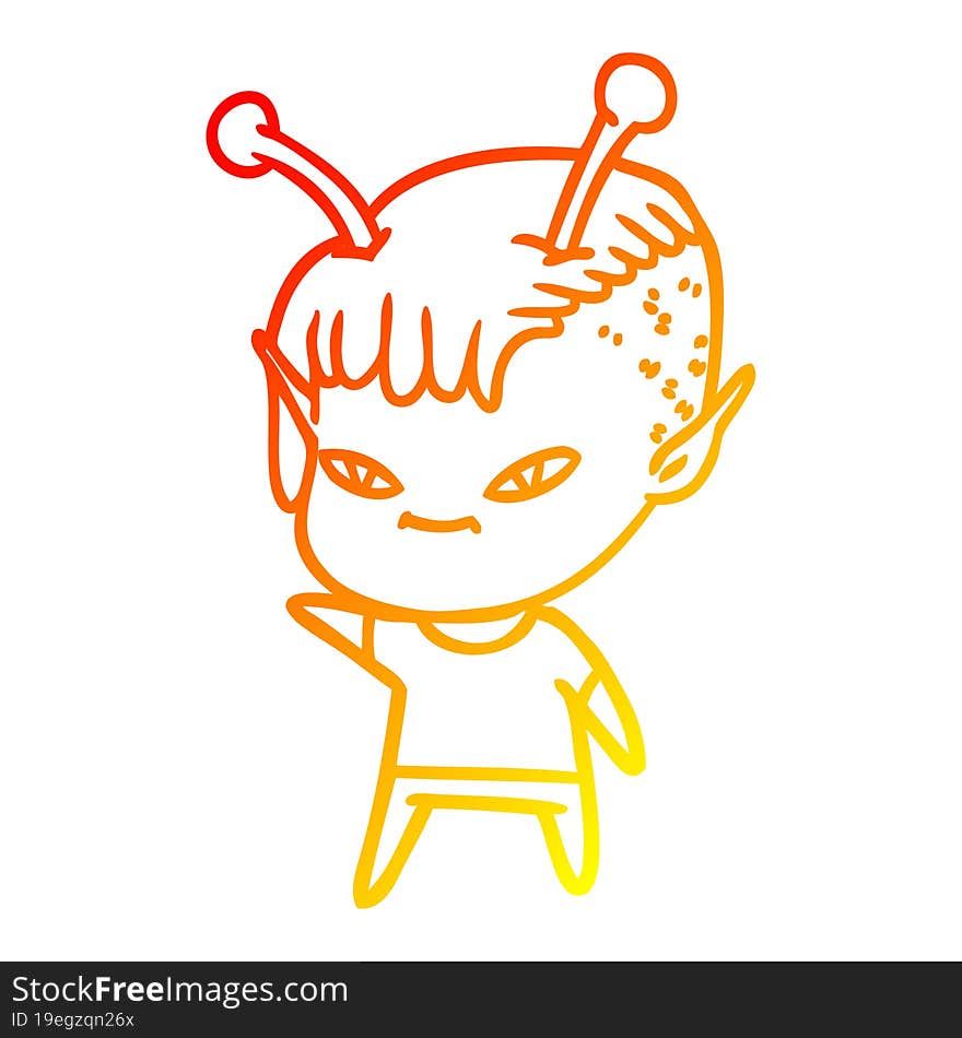 warm gradient line drawing of a cute cartoon alien girl