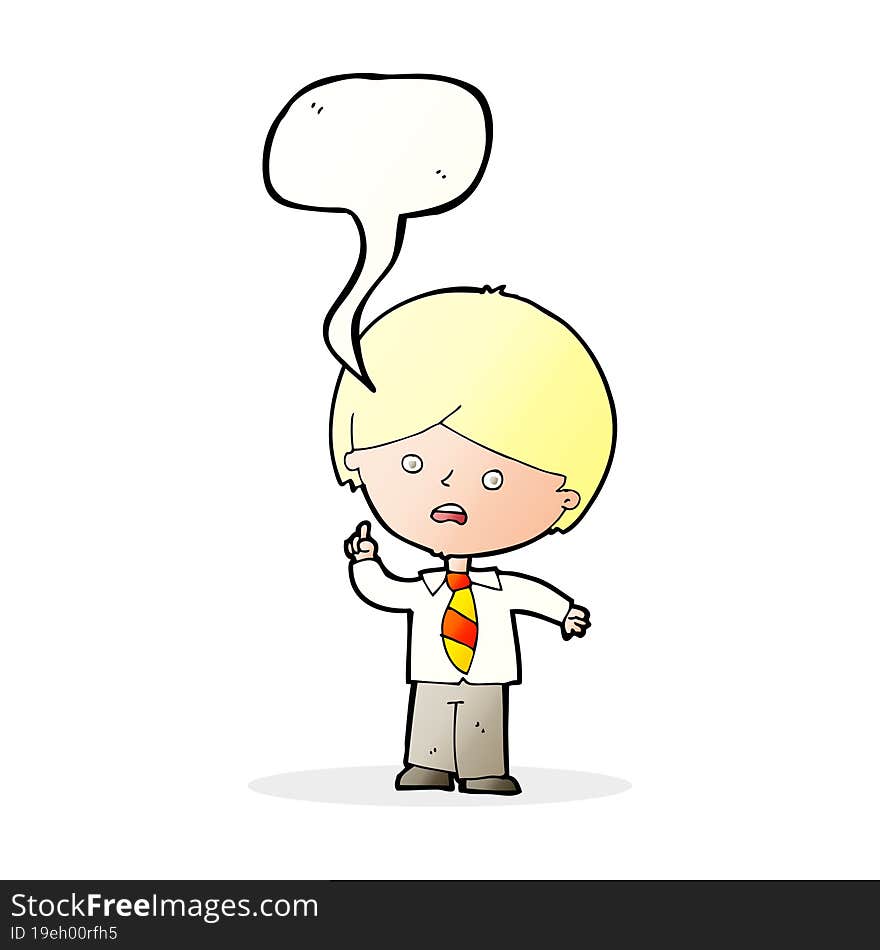 cartoon worried school boy raising hand with speech bubble