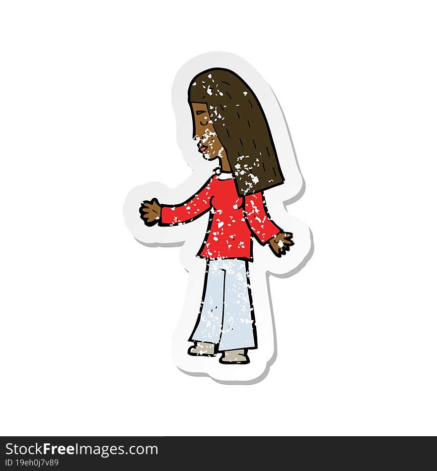 retro distressed sticker of a cartoon woman with open arms