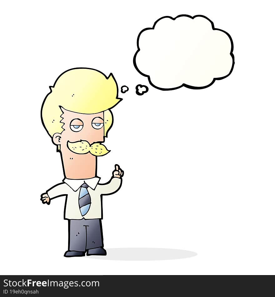 cartoon mna with mustache explaining with thought bubble