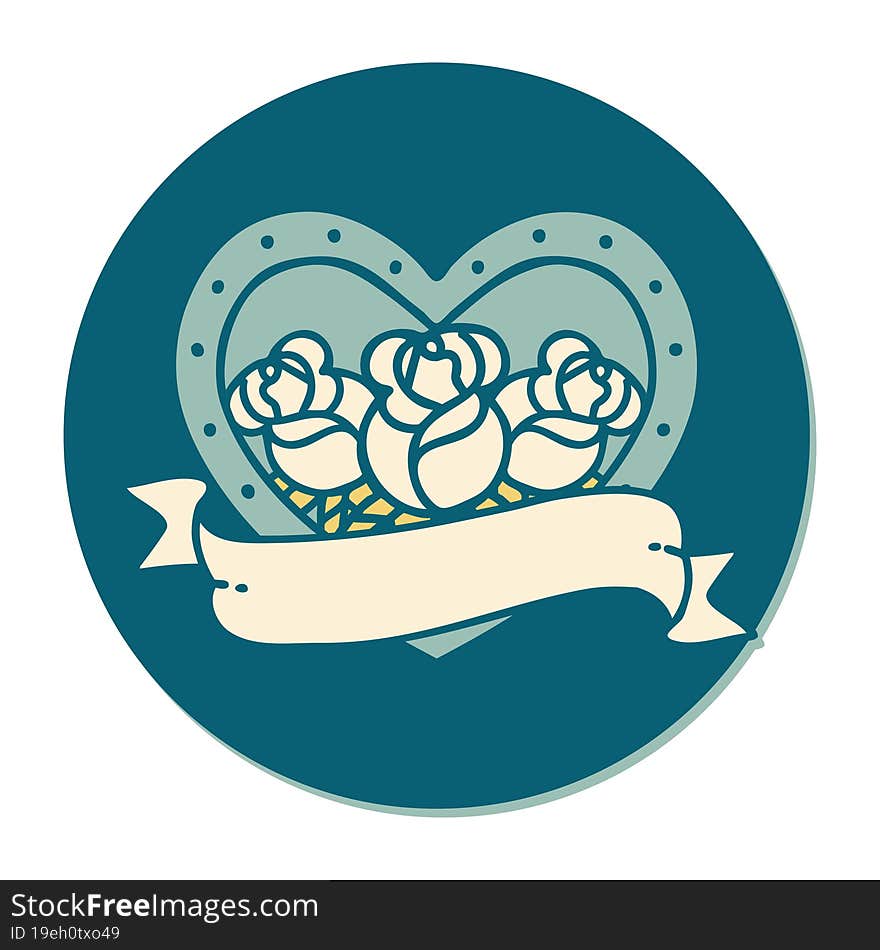 Tattoo Style Sticker Of A Heart And Banner With Flowers