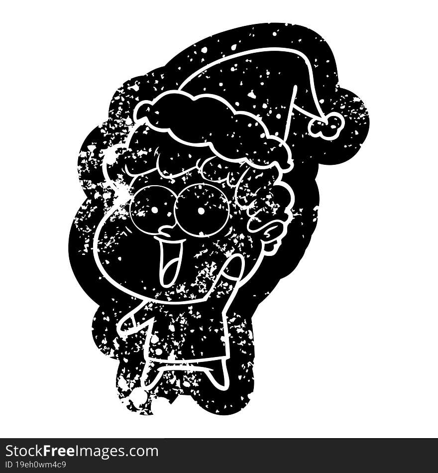 cartoon distressed icon of a happy man wearing santa hat